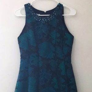 Maggy London Formal A-Line Jacquard Teal/Black Dress with Embellished Neckline